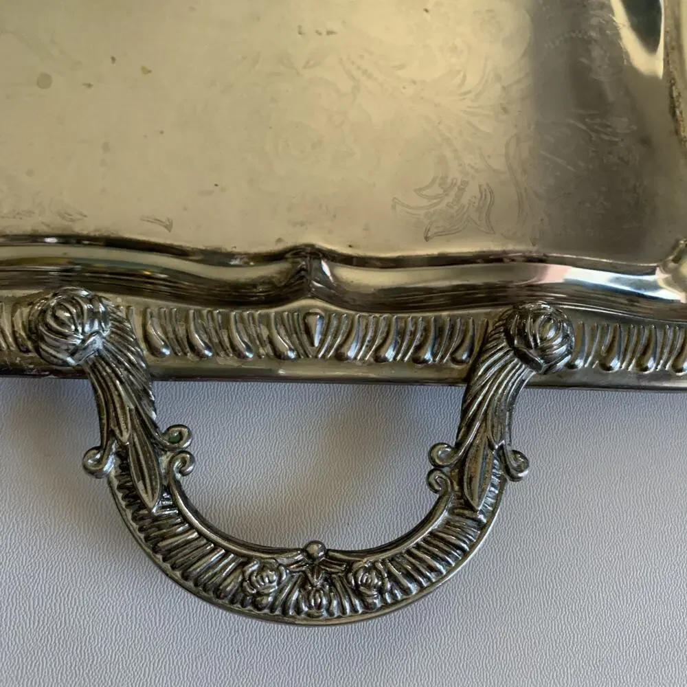 Large Stainless Steel Serving Tray Victorian Vintage Silver Color